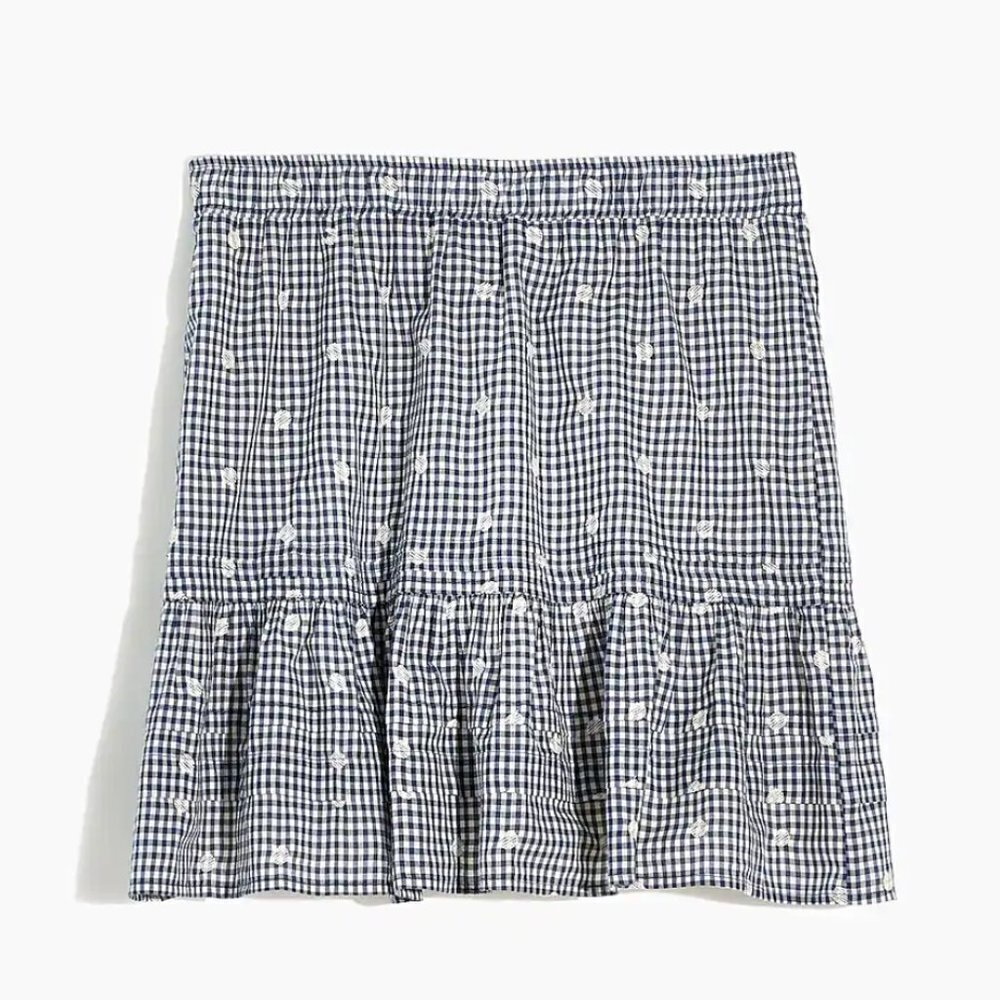 Madewell Embroidered Tiered Pull On Mini Skirt Blue Gingham Check ne699 L